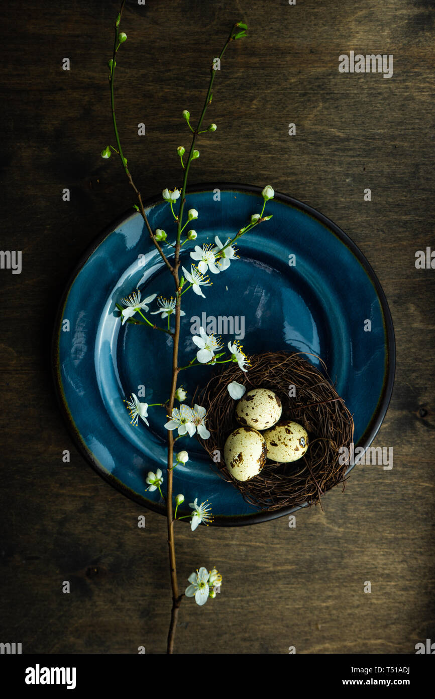 Feastive table setting for holiday Easter dinner decorated with blooming cherry  flowers on rustic table with copy space Stock Photo