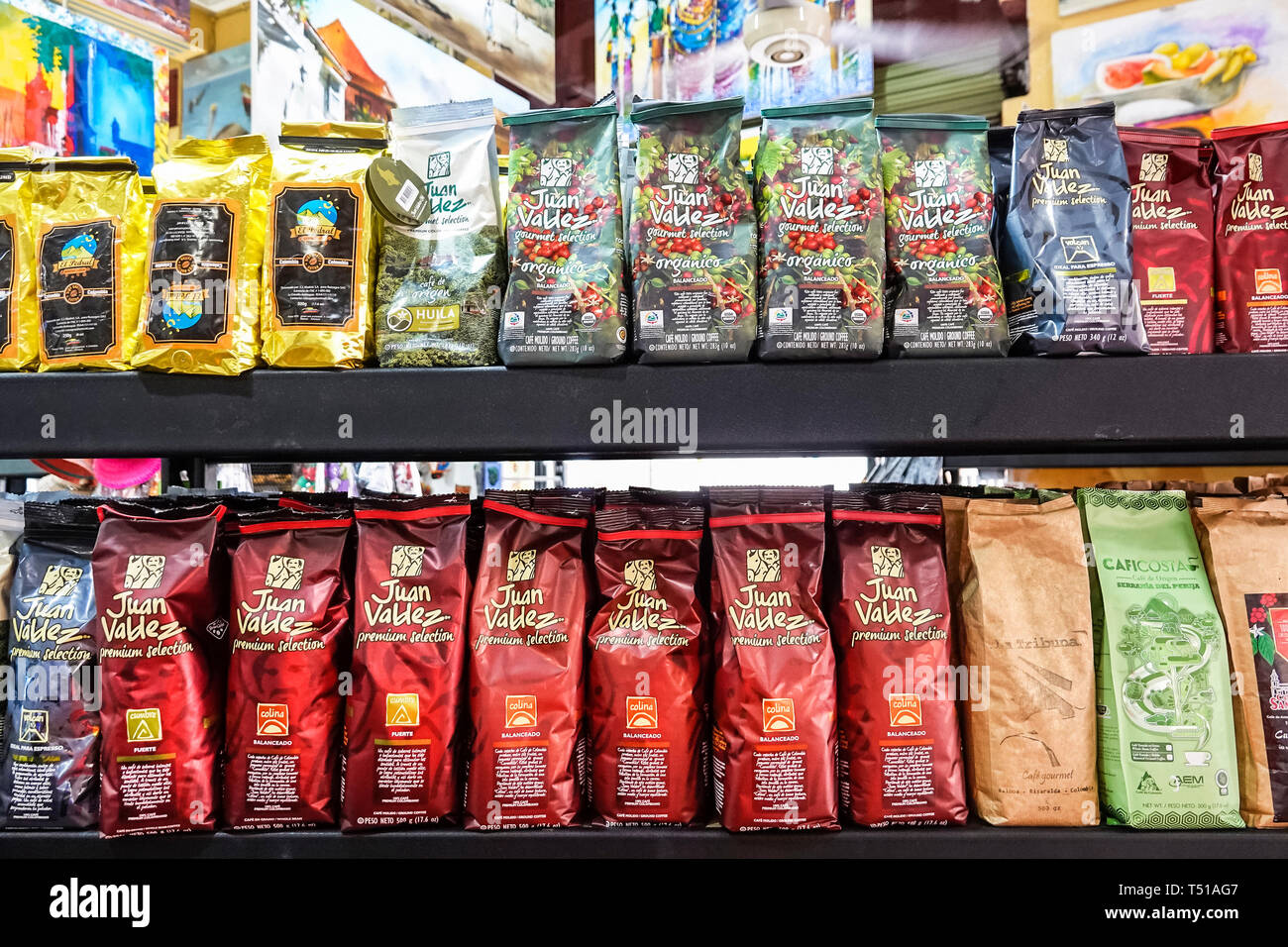 Cartagena Colombia,gourmet shop,souvenir local national products store,coffee,whole bean,bags,Juan Valdez,COL190123116 Stock Photo