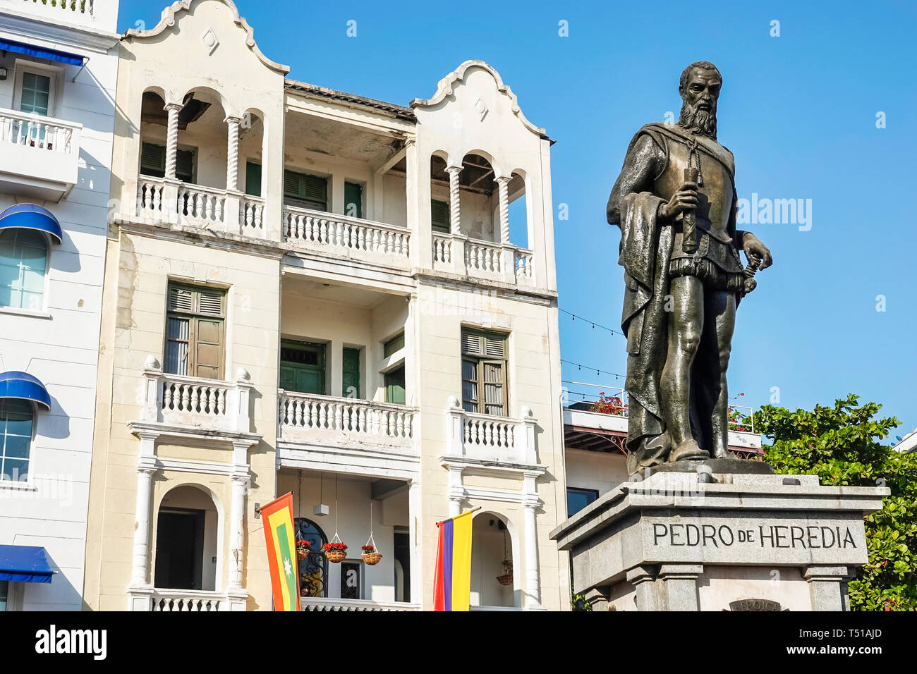 Cartagena Colombia,Plaza de los Coches,central plaza,monument,statue,Pedro de Heredia,city founder,Spanish conquistador,COL190123123 Stock Photo