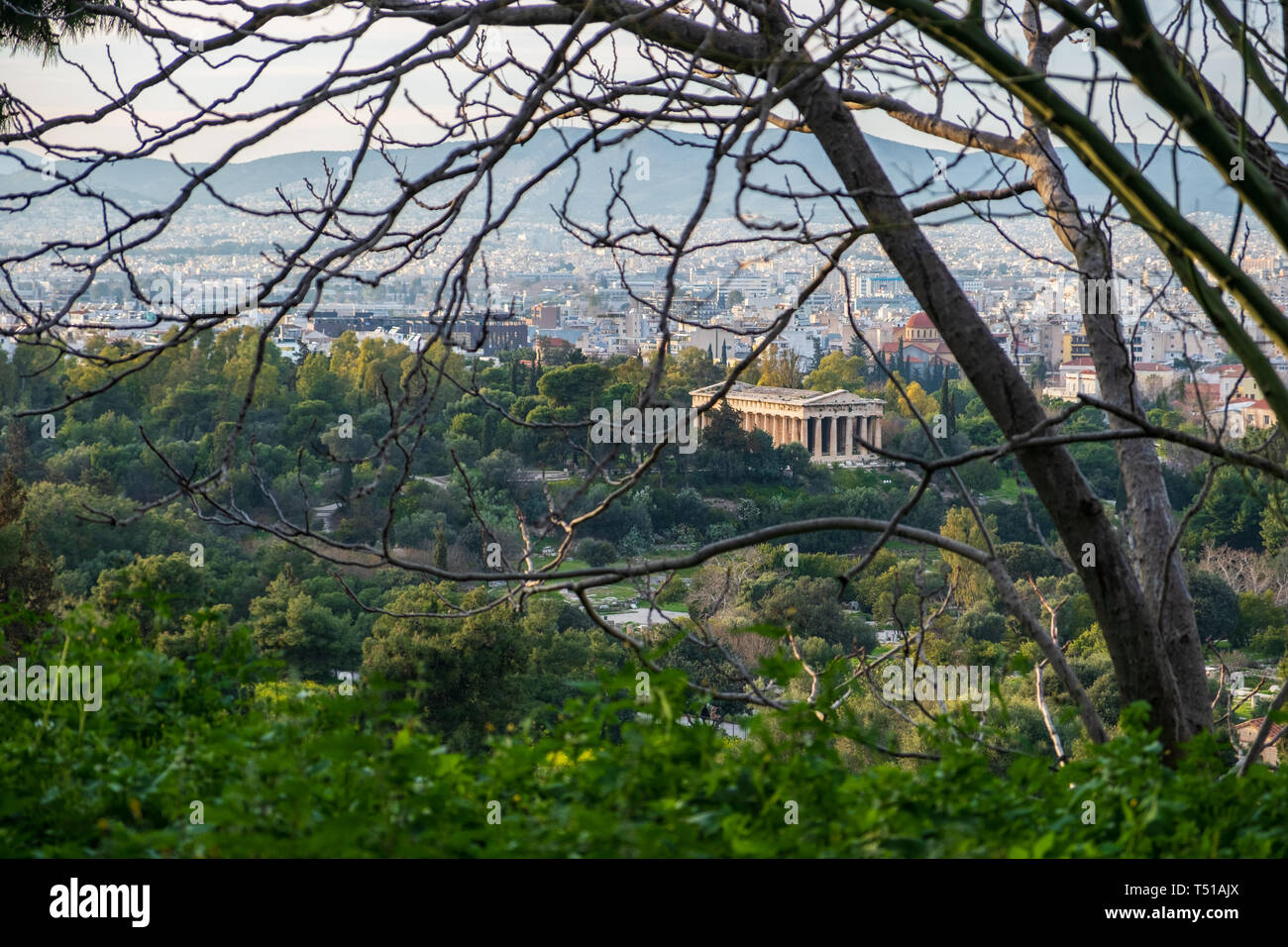 Athens, Greece cityscape with Temple of Hephaestus in the distance behind tree branches Stock Photo