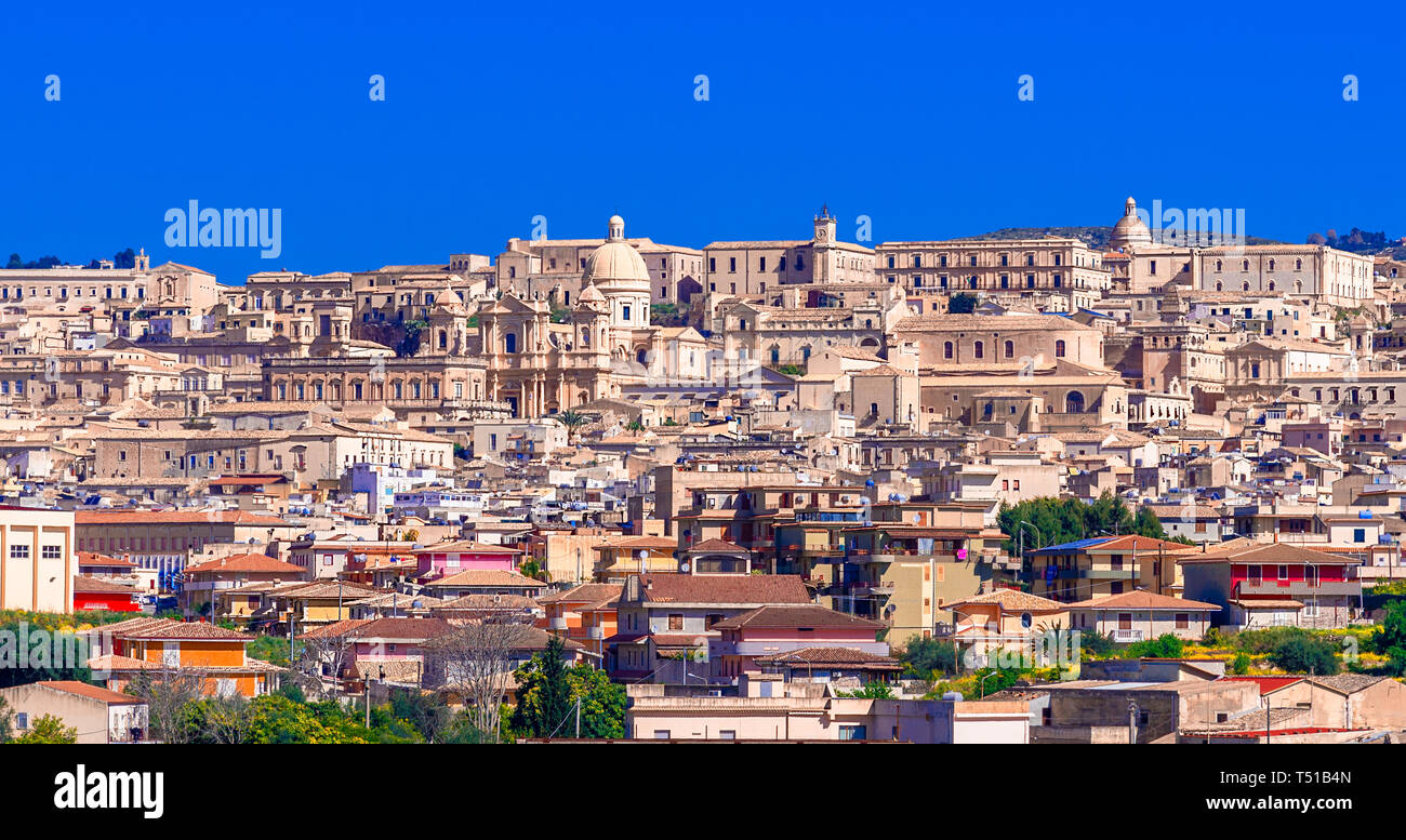 Noto, Sicily island, Italy: Panoramic view of the Noto baroque town in Sicily, southern Italy on the island of Sicily Stock Photo