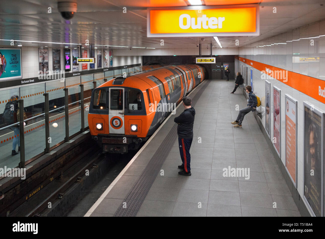 SPT subway train arriving at Glasgow Buchanan street underground station on the Glasgow underground / subway Stock Photo