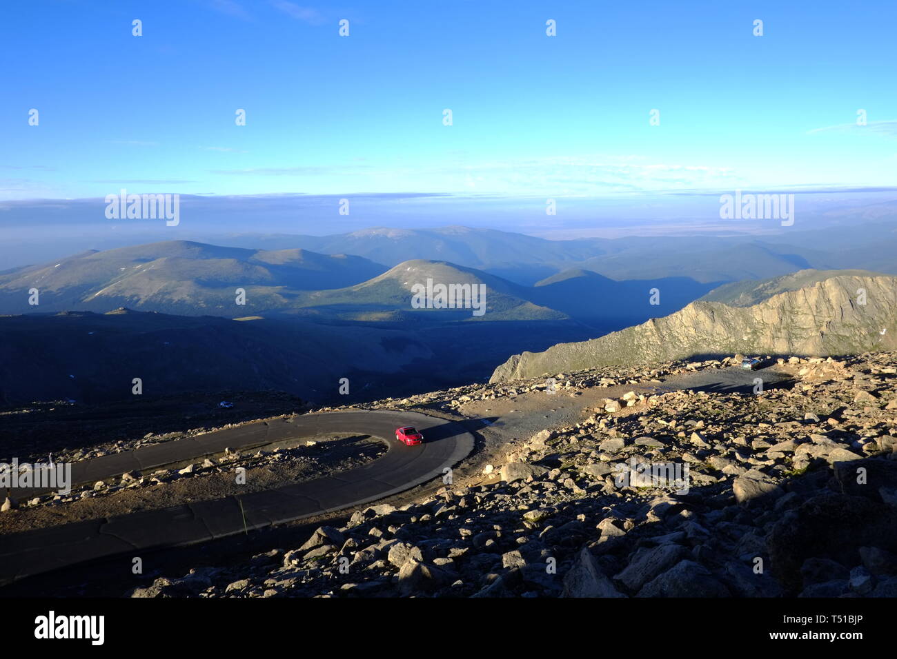 A car travels up the famous Mt Evans Scenic Byway in Colorado. The road