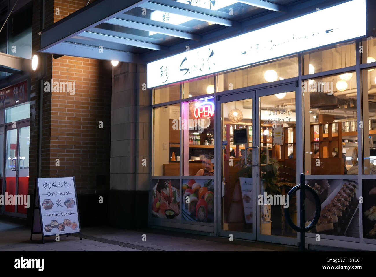 Coquitlam, BC, Canada - March 20, 2019 : Outside shot of Japanese restaurant at night Stock Photo