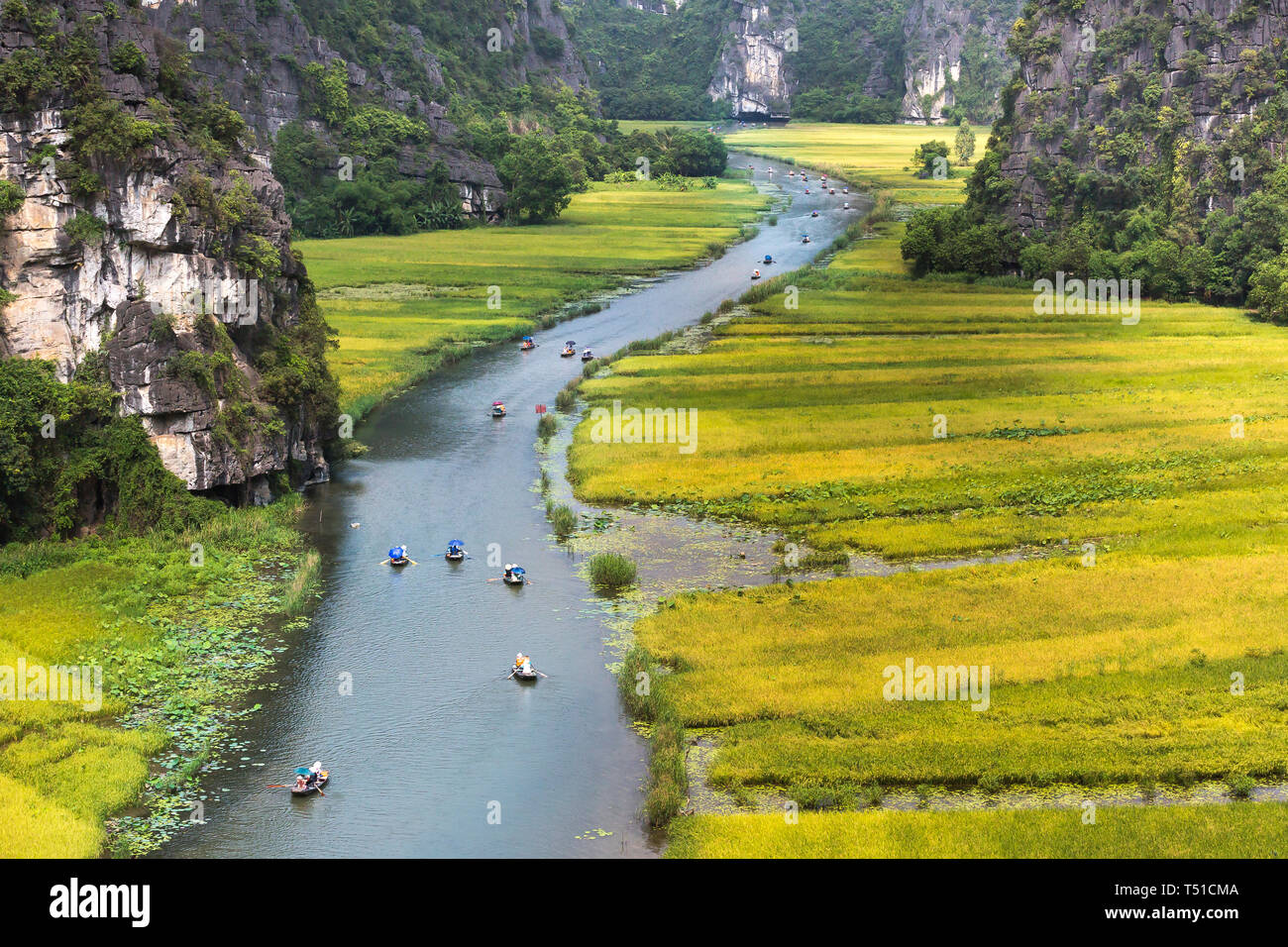 the majestic scenery on Ngo Dong river in Tam Coc Bich Dong view from the mountain top in Ninh Binh province of Viet Nam Stock Photo