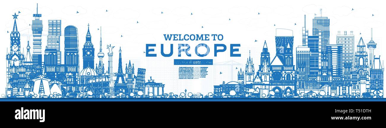 Outline Welcome to Europe Skyline with Blue Buildings. Vector Illustration. Tourism Concept with Historic Architecture. Europe Cityscape with Landmark Stock Vector