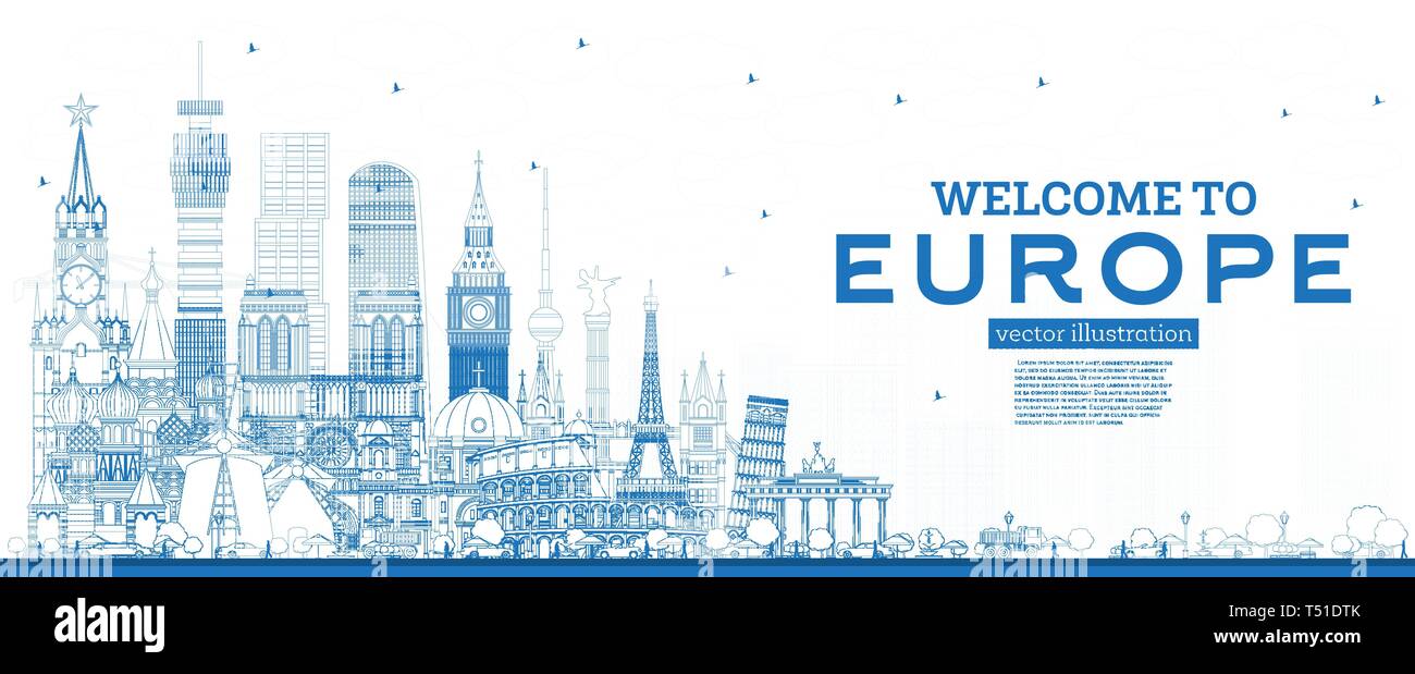 Outline Welcome to Europe Skyline with Blue Buildings. Vector Illustration. Tourism Concept with Historic Architecture. Europe Cityscape with Landmark Stock Vector