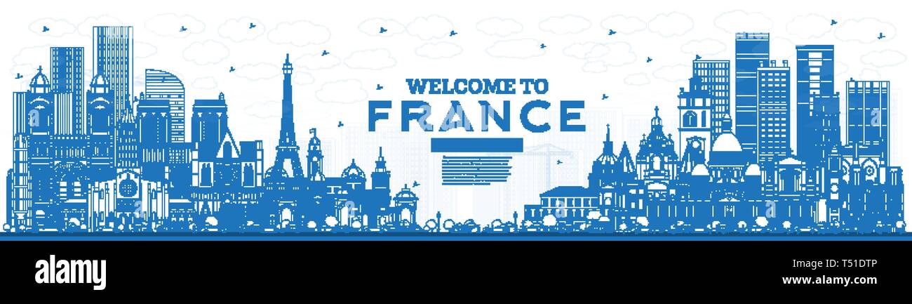 Outline Welcome to France Skyline with Blue Buildings. Vector Illustration. Tourism Concept with Historic Architecture. France Cityscape with Landmark Stock Vector
