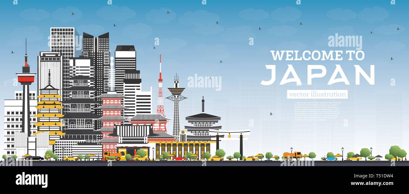 to Japan Skyline with Gray Buildings and Blue Sky. Vector