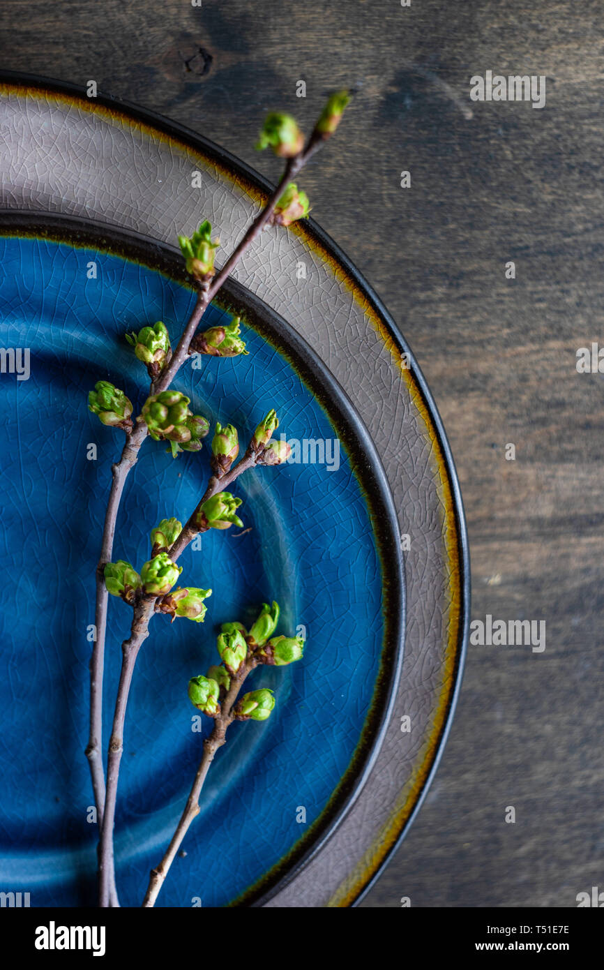 Spring table setting in rustic style decorated with cherry bloom tree ...