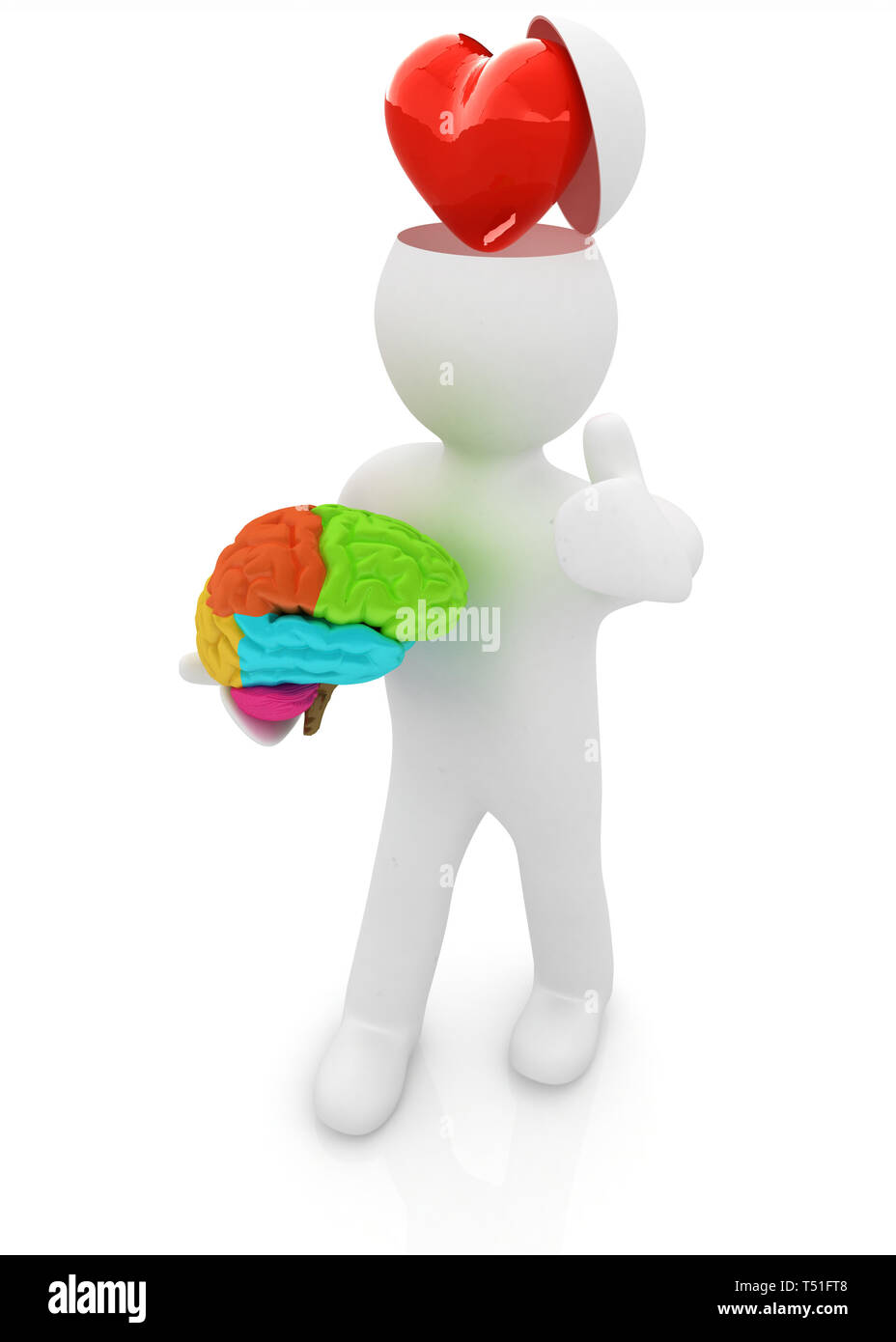 3d people - man with half head, brain and trumb up. Love concept with heart Stock Photo