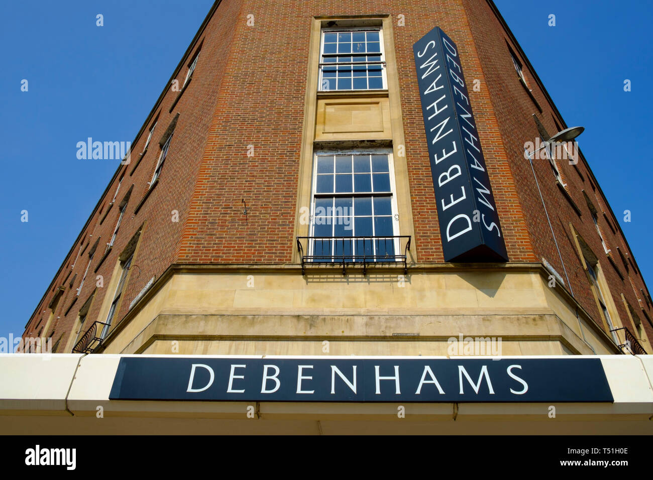 Debenhams signage outside main store in Norwich, Norfolk. © Lawrence Woolston/Alamy LIve News Stock Photo