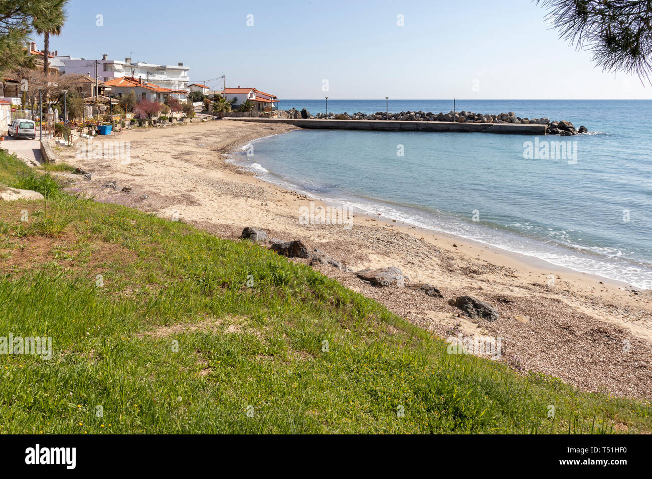 LOUTRA, KASSANDRA, GREECE MARCH 31, 2019 Panorama of resort of