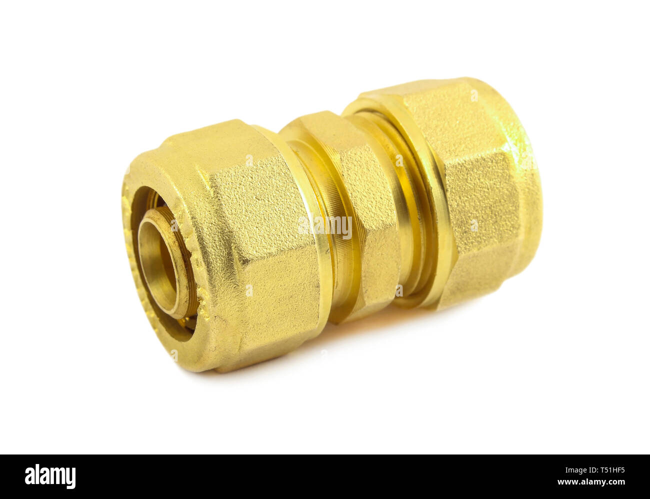 Brass fitting for connecting metalplastic pipes isolated on white