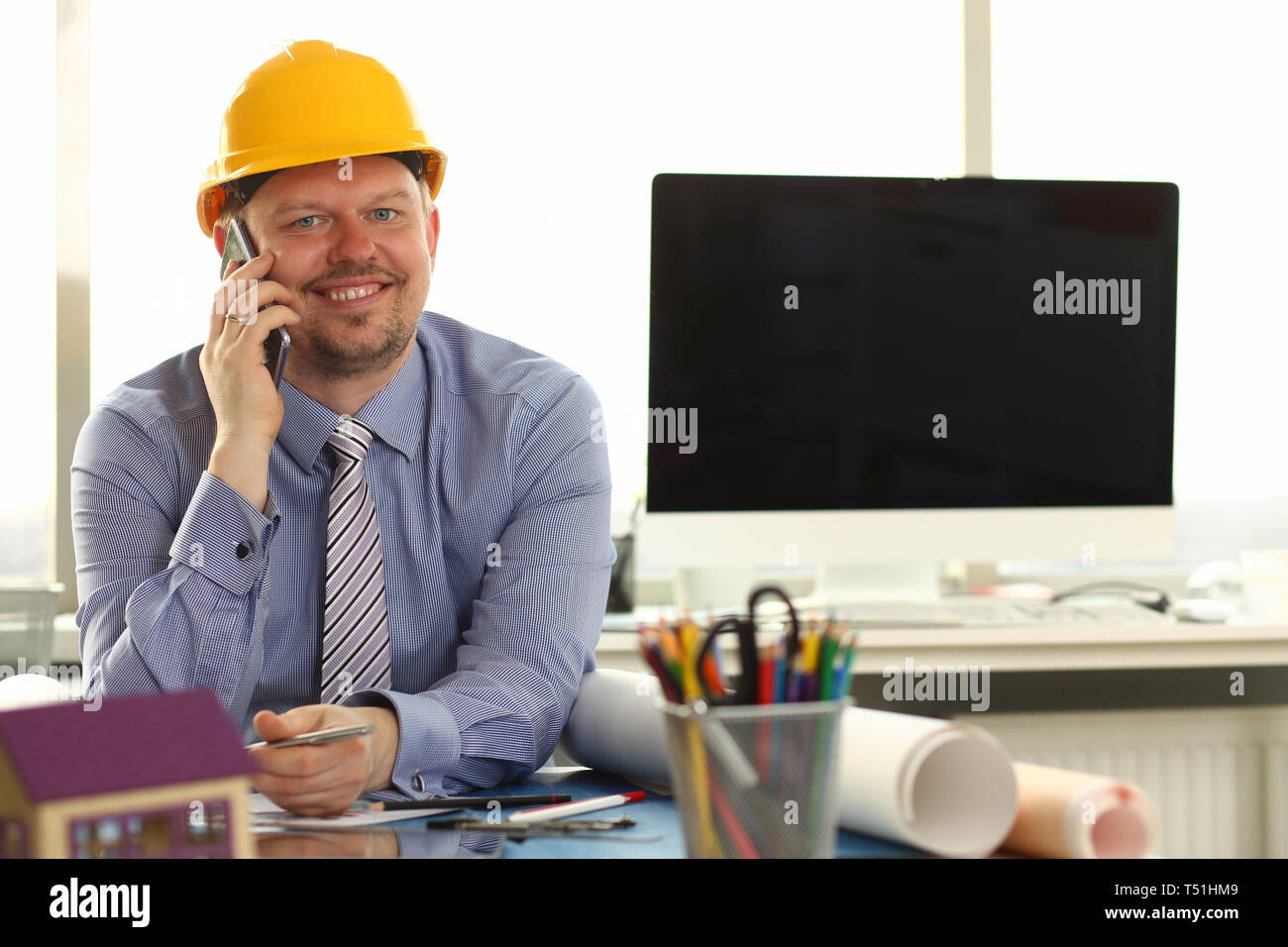 Foreman Sketching Architect Blueprint Making Deal Stock Photo