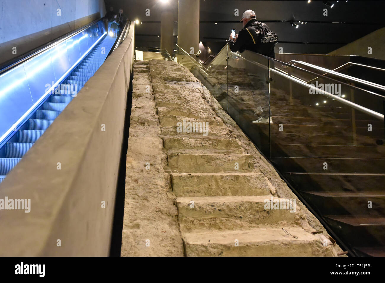 Inside of the National September 11 (9/11) Memorial and Museum. Remains of an actual stair belonging to the former Twin Towers Stock Photo