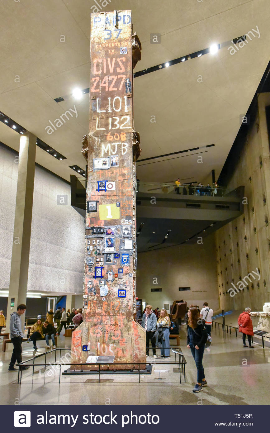 Inside Of The National September 11 9 11 Memorial And Museum A Steel Column Recovered From Ground Zero It Is Covered With Photos Of Victims And Me Stock Photo Alamy