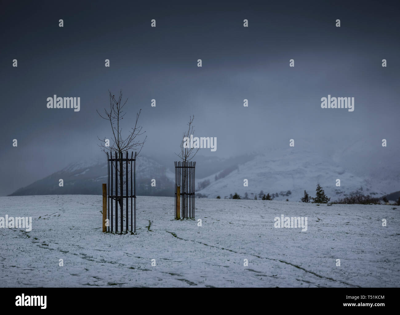 Springtime snow in April at Crow Park, Keswick, Cumbria, UK. Stock Photo