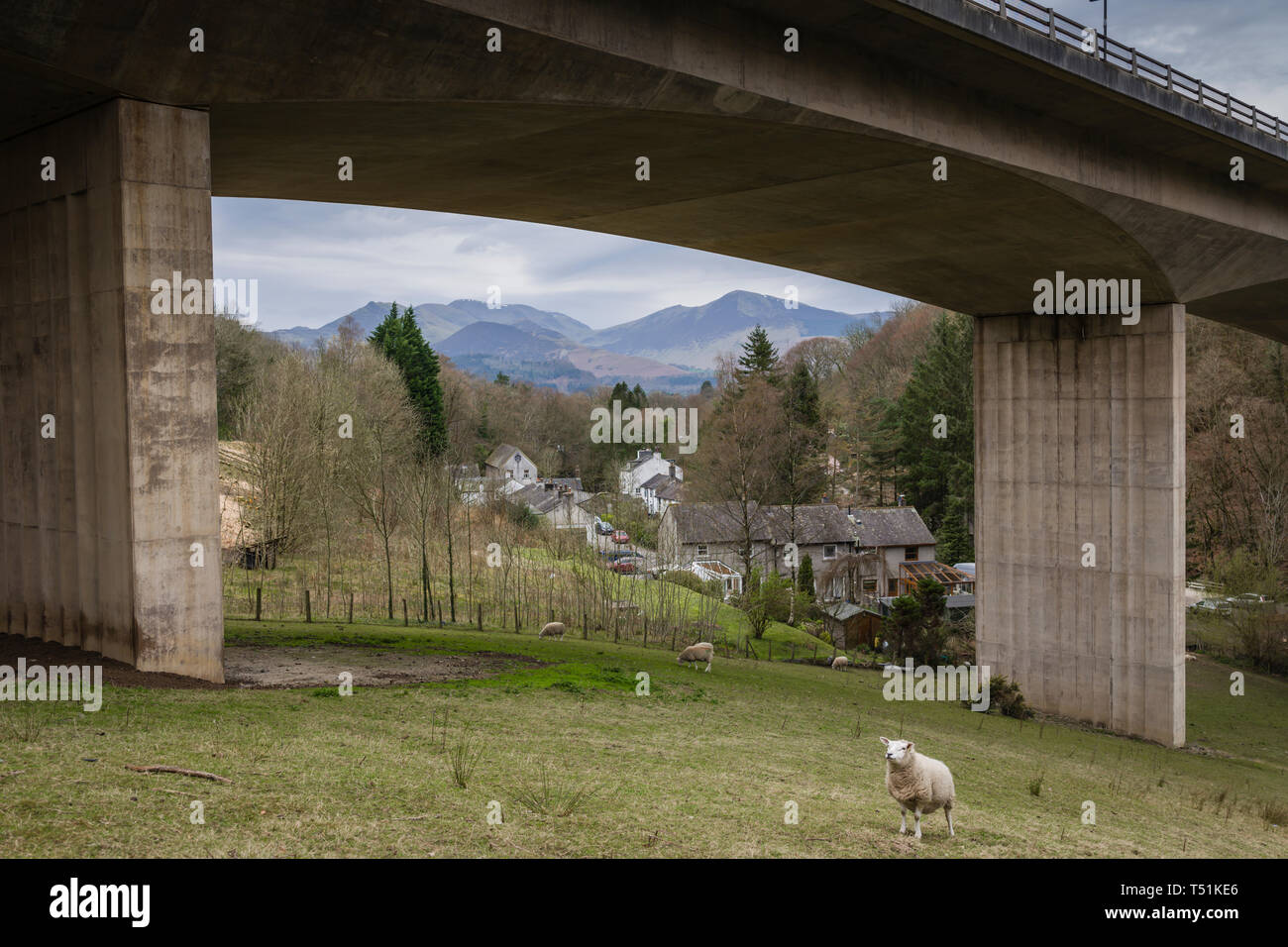 A66 Keswick bypass bridge framing the Lake District landscape. Stock Photo