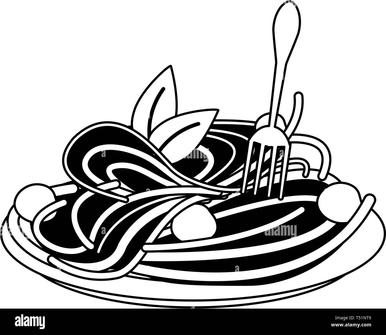 Spaghetti italian food in black and white Stock Vector