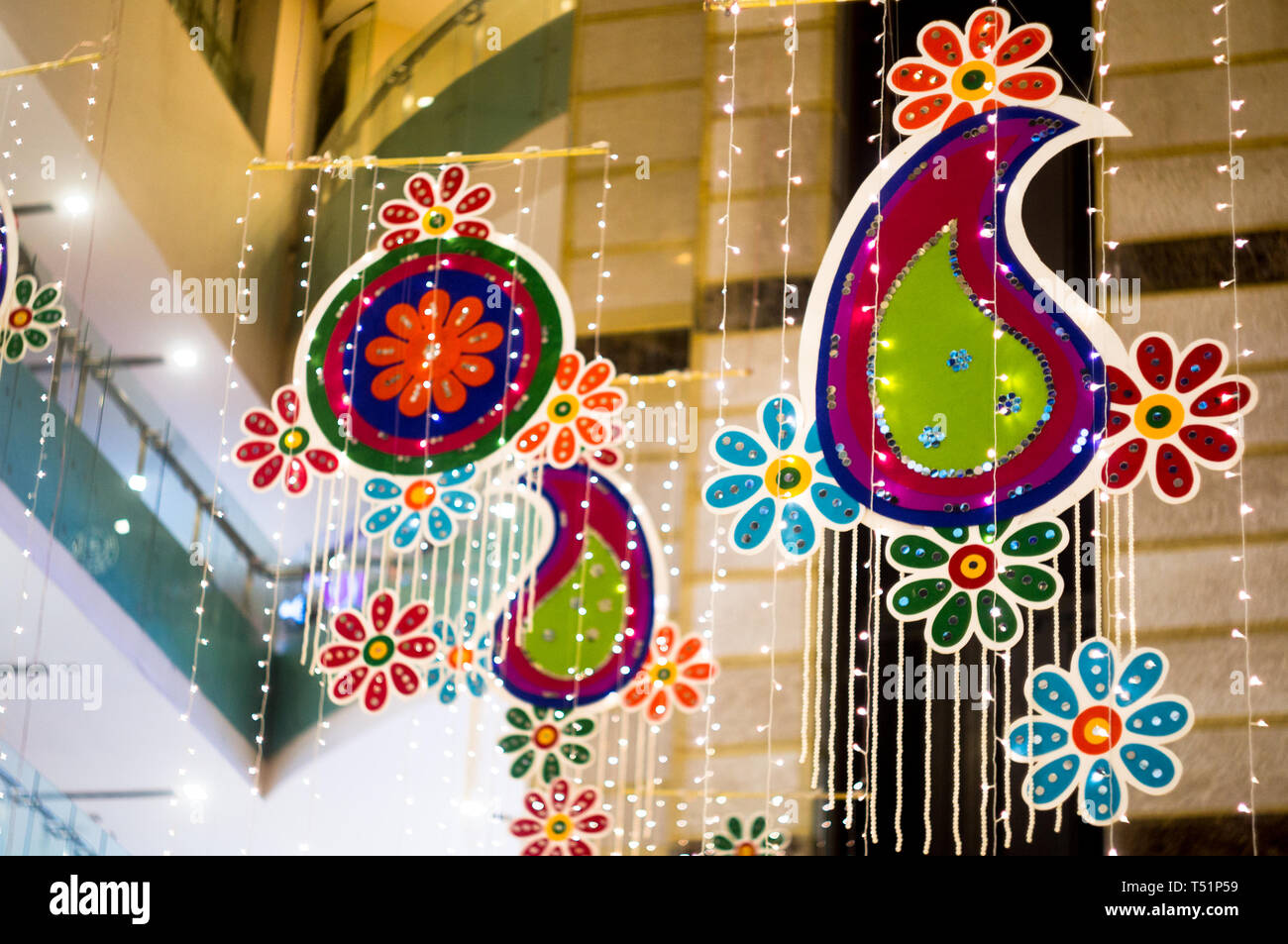 Decorations in a shopping mall in Delhi at night. Malls are decorated keeping in mind the occassions, festivals and religious events happening and are Stock Photo