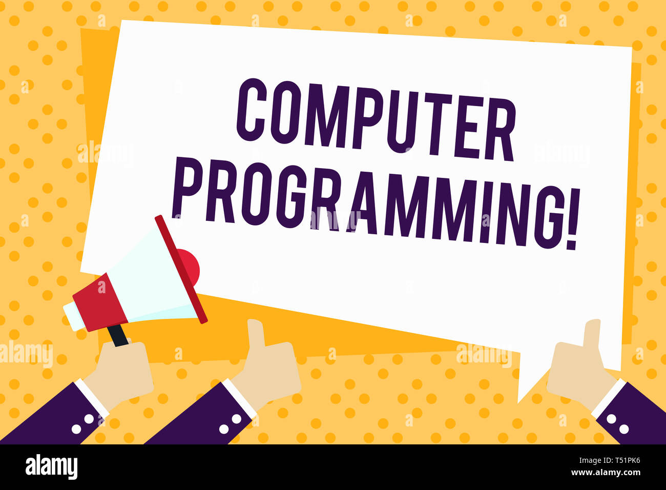 Writing note showing Computer Programming. Business concept for process that instructs a computer on how to do a task Hand Holding Megaphone and Gestu Stock Photo