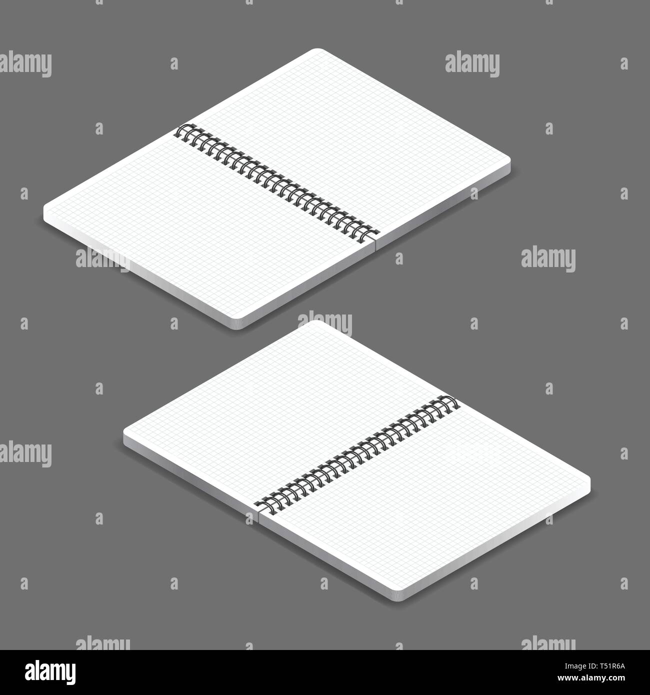 Open notebook template with square grid on grey background. Realistic