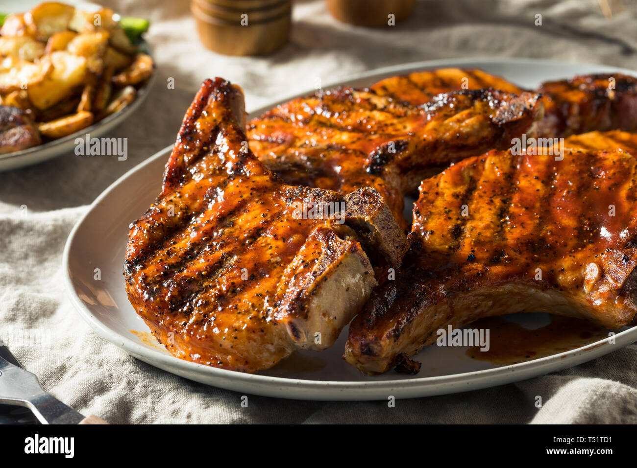 Homemade Barbecue Pork Chops Ready to Eat Stock Photo