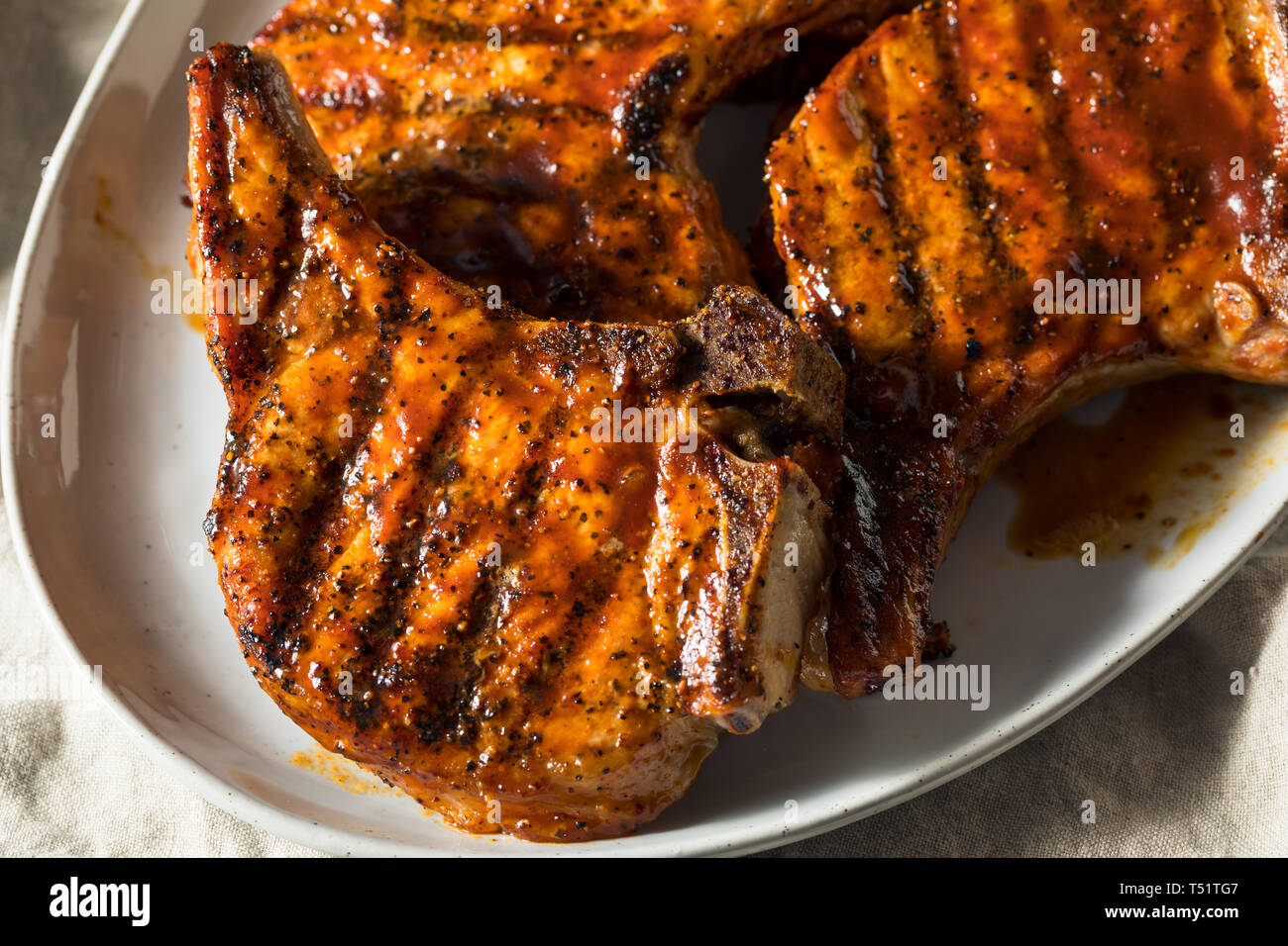 Homemade Barbecue Pork Chops Ready to Eat Stock Photo