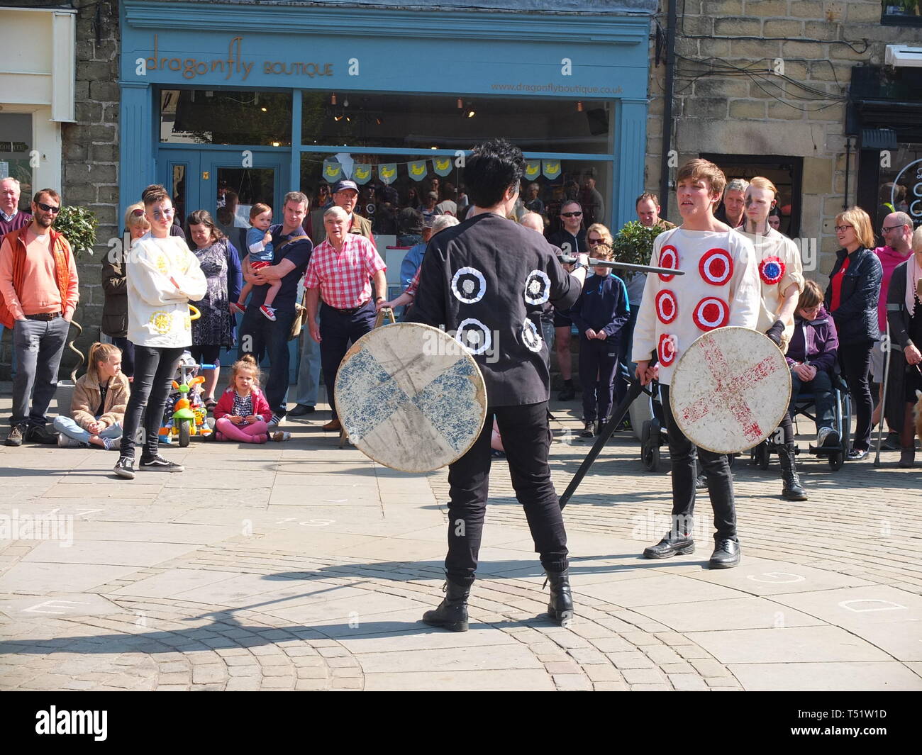 Young performers in the Midgley Pace Egg Play at Hebden Bridge, a traditional mumming play performed for hundreds of years in the Calder Valley Stock Photo