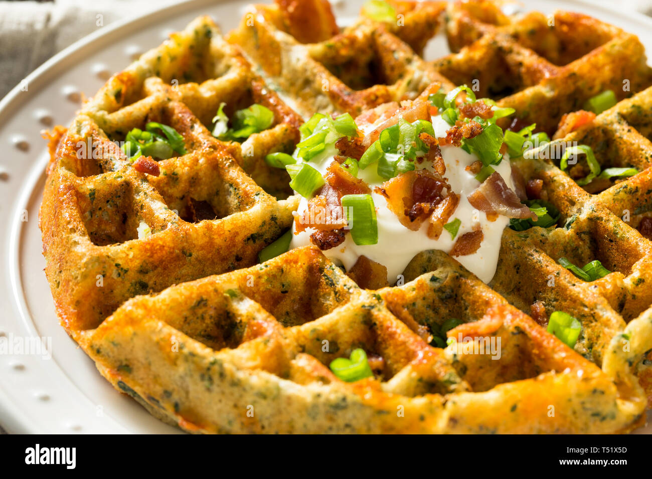 Homemade Savory Waffles with Bacon and Cheese Stock Photo