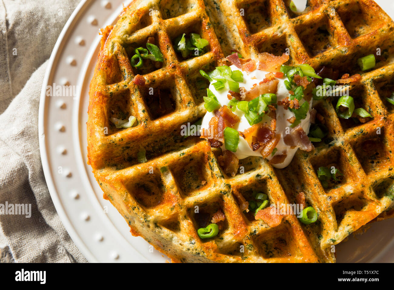 Homemade Savory Waffles with Bacon and Cheese Stock Photo