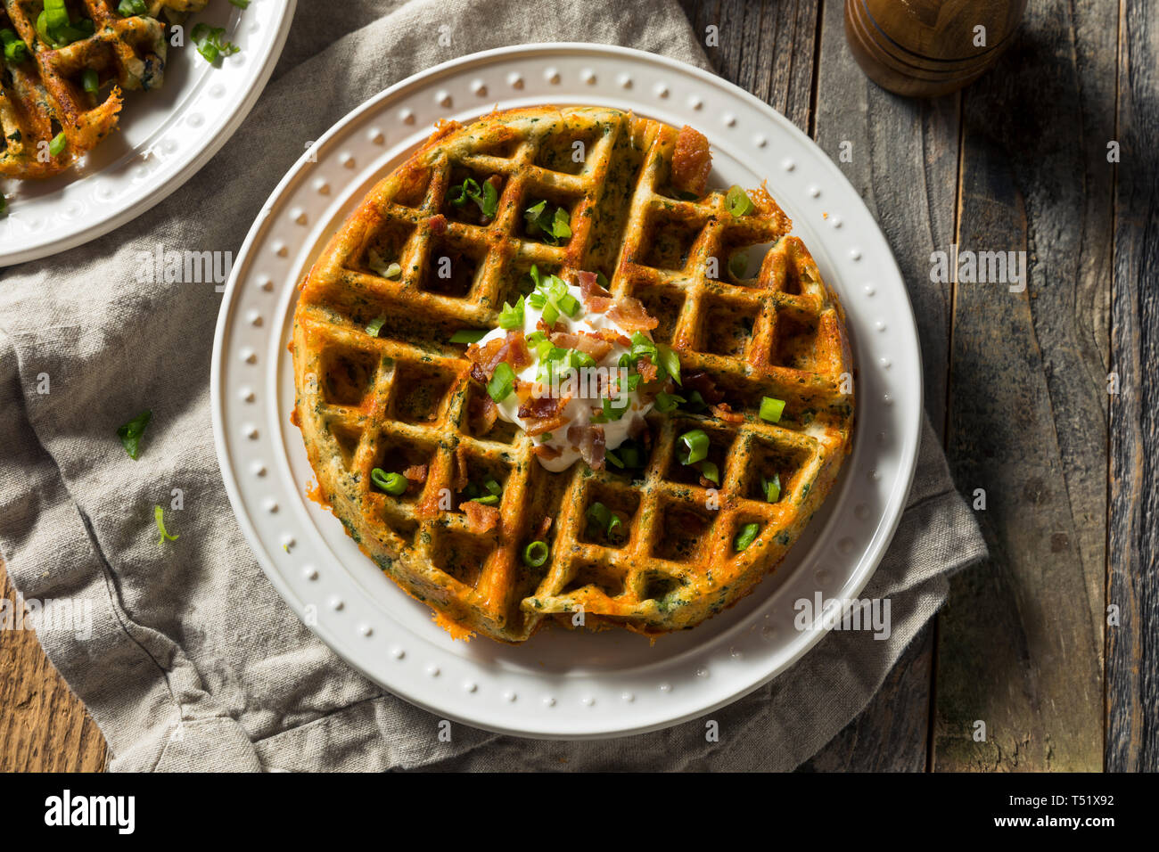 Homemade Savory Waffles with Bacon and Cheese Stock Photo