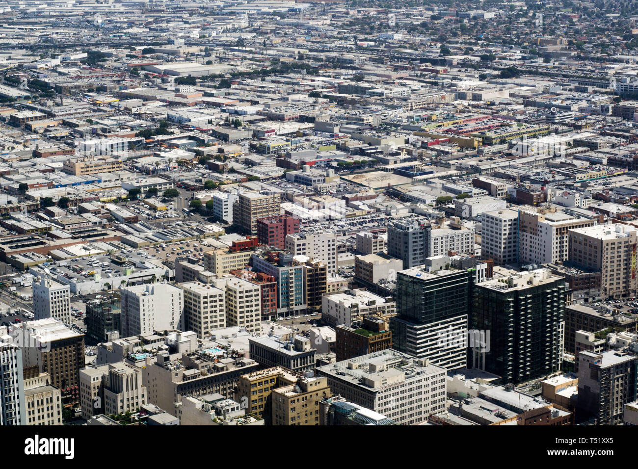 Drone shot of buildings in downtown Los Angles Stock Photo