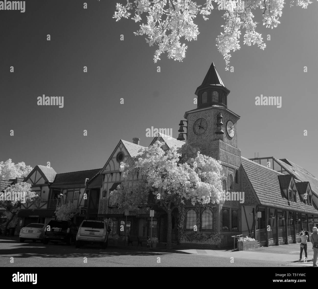 Black and white infrared, tourists , building with clock tower and cars parked on street, white foliage. Stock Photo