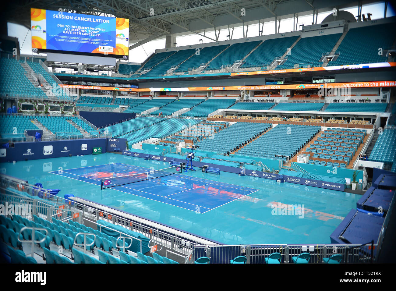 Miami Open 2019 court and its scoreboard announcing tennis cancellations  for the day at Hard Rock Stadium Featuring: View Where: Miami Gardens,  Florida, United States When: 19 Mar 2019 Credit: Johnny Louis/WENN.com