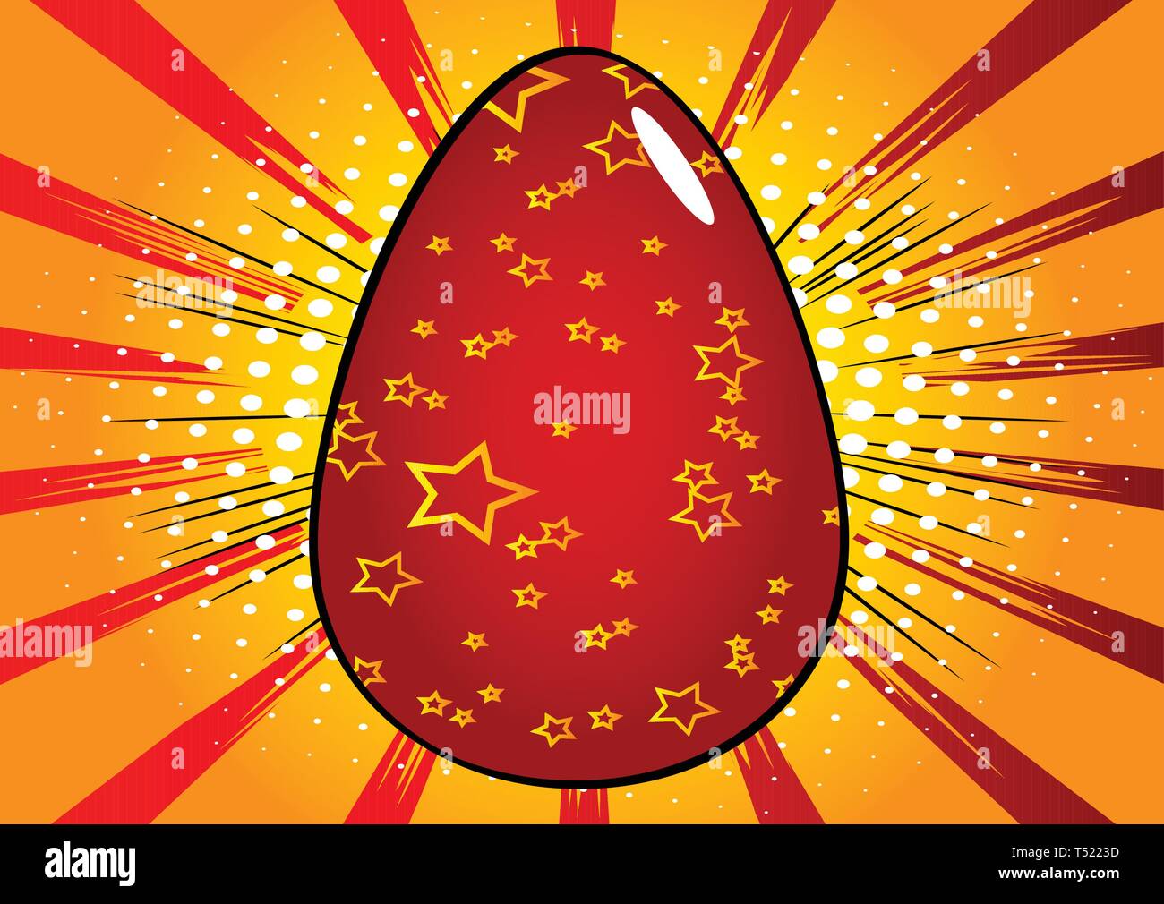 Vector cartoon red Easter egg. Illustrated holiday sign on comic book background. Stock Vector