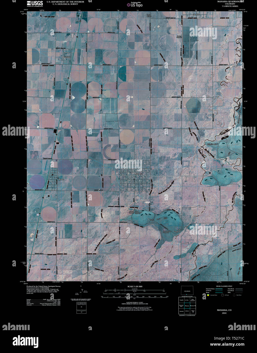 USGS TOPO Map Colorado CO Manassa 20100917 TM Inverted Restoration Stock Photo