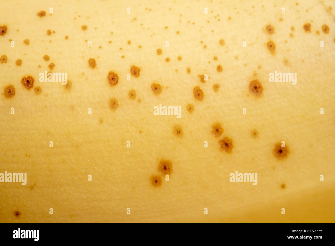 An extreme macro shot of a naturally overripe yellow banana skin. Stock Photo