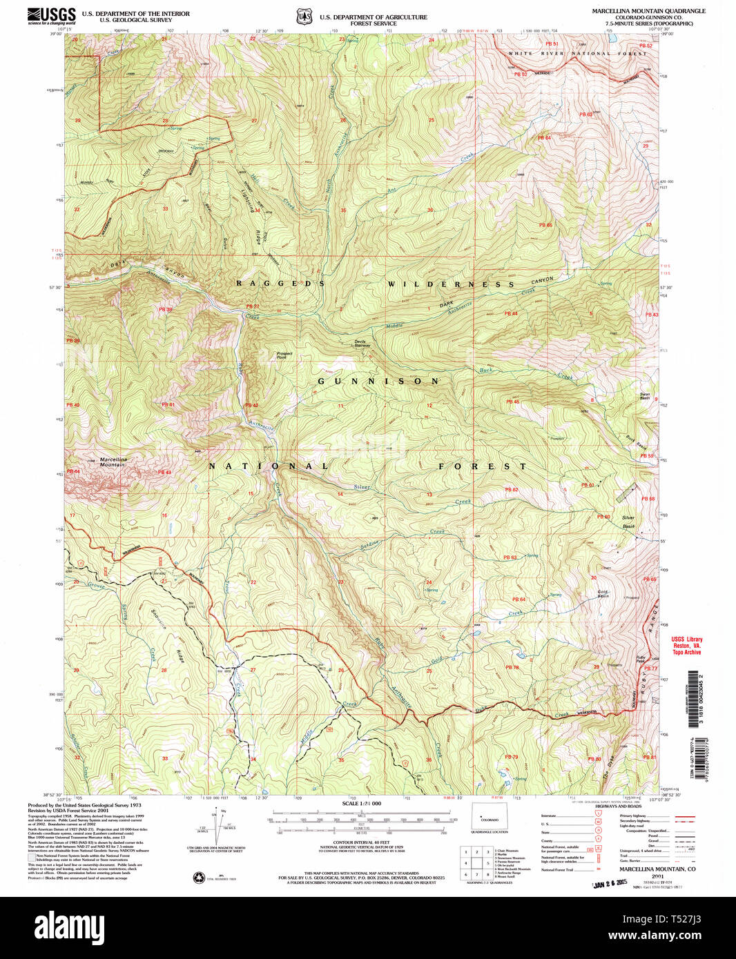 USGS TOPO Map Colorado CO Marcellina Mountain 233697 2001 24000 Restoration Stock Photo