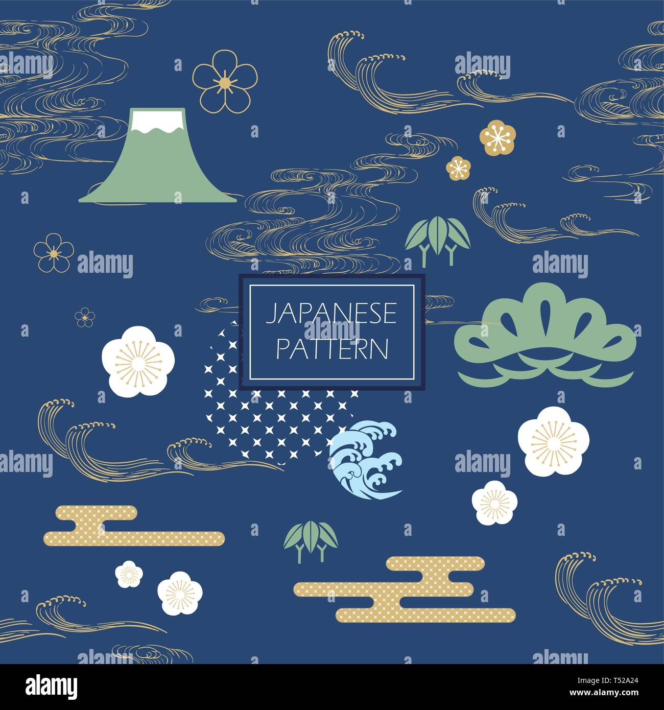 Japanese icon pattern design. Mountain, Cherry blossom, Hand drawn wave ...