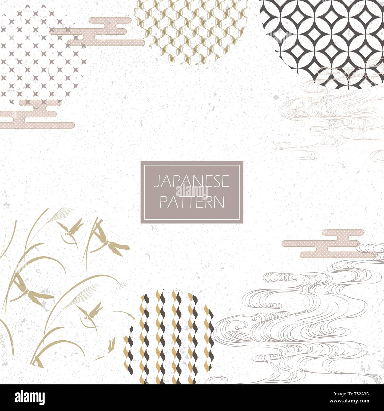 Japanese template vector. Geometric background with dragonfly, wave and cloud. Stock Vector