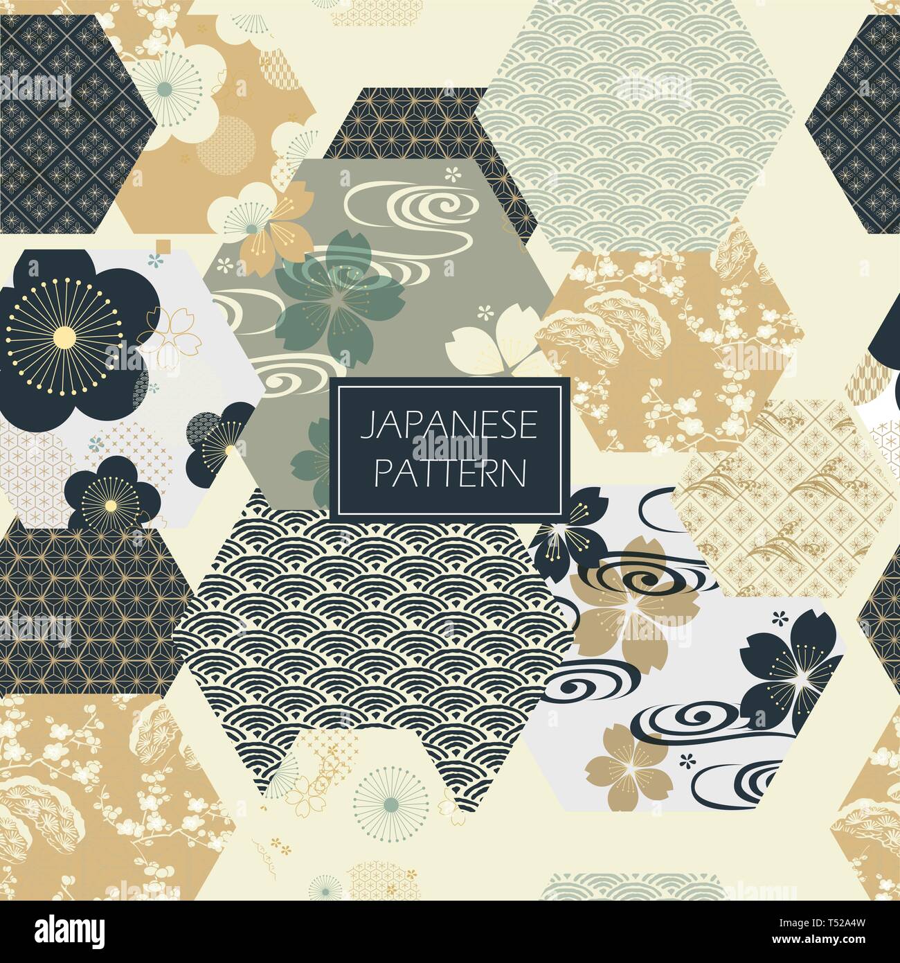 Cherry blossom pattern vector. Blue flower, wave and geometric elements background. Stock Vector