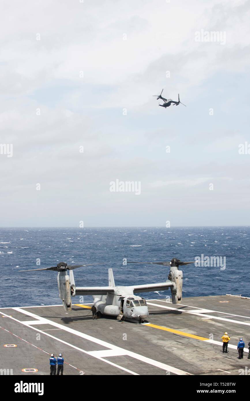 190418-N-YD547-0066  ATLANTIC OCEAN (April 8, 2019) AN MV-22B Osprey, attached to Marine Medium Tiltrotor Squadron (VMM) 263, prepares to land on the flight deck of the aircraft carrier USS Dwight D. Eisenhower (CVN 69). Ike is currently underway conducting flight deck certification during the basic phase of the Optimized Fleet Response Plan (OFRP). (U.S. Navy photo by Mass Communication Specialist Seaman Apprentice Trent P. Hawkins) Stock Photo