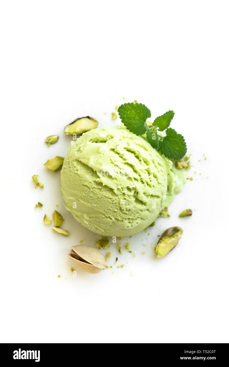 Pistachio Ice Cream isolated on white background, top view. Green