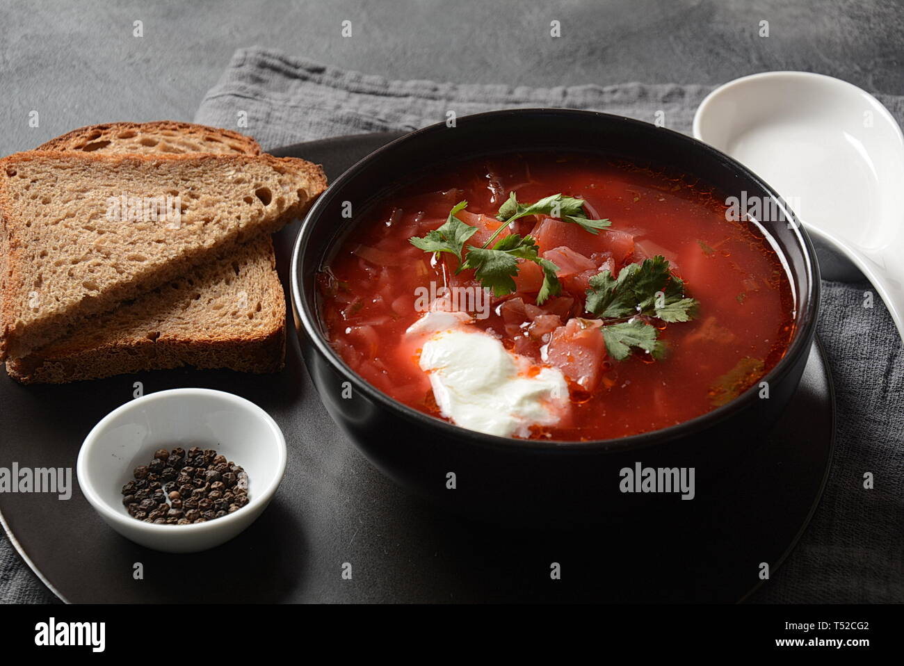Traditional Ukrainian Russian borscht . Bowl of red beet root soup ...