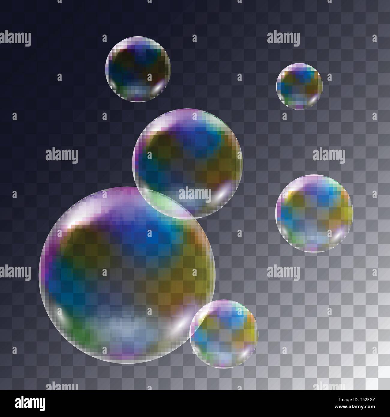 Realistic illustration of set of flying rainbow soap bubbles on transparent background - vector Stock Vector