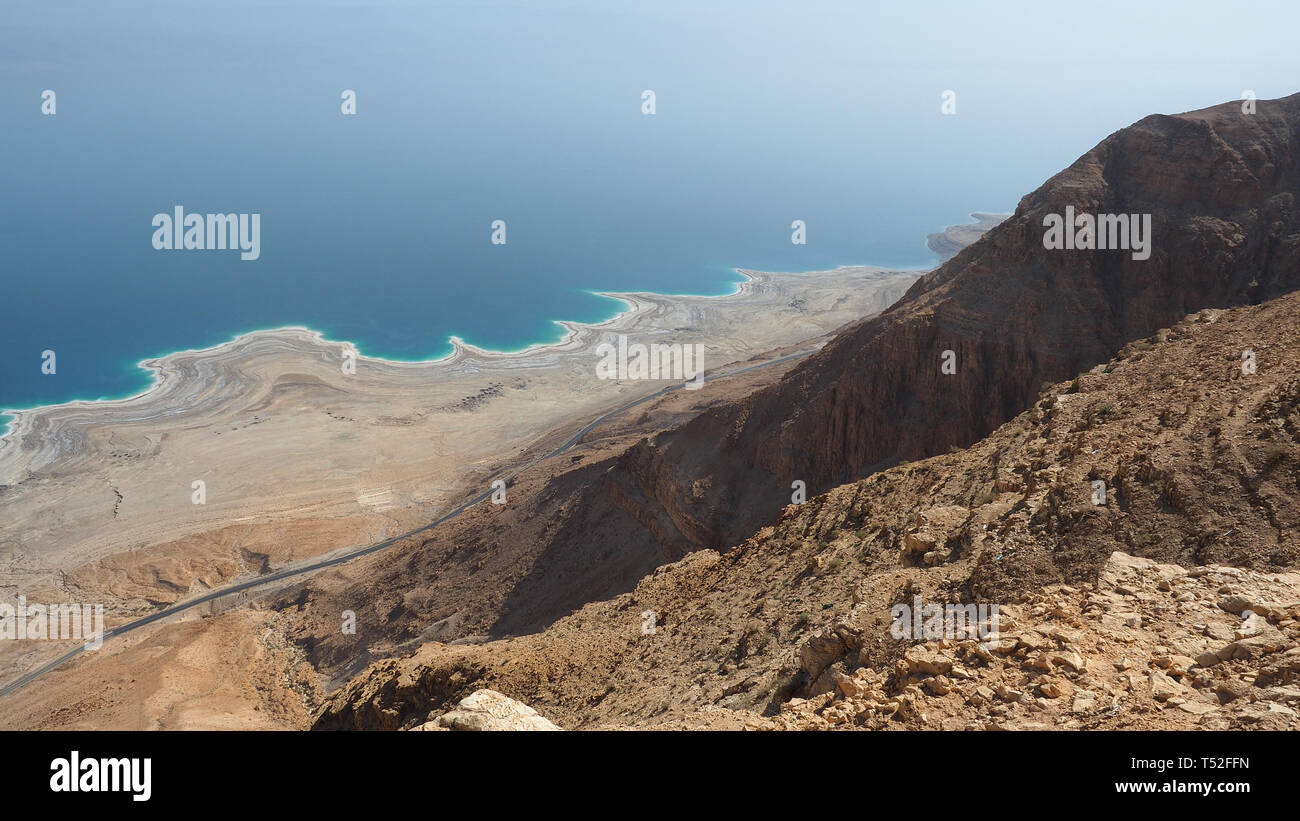 Dead Sea coast top view. Israeli desert and Dead Sea. Stock Photo
