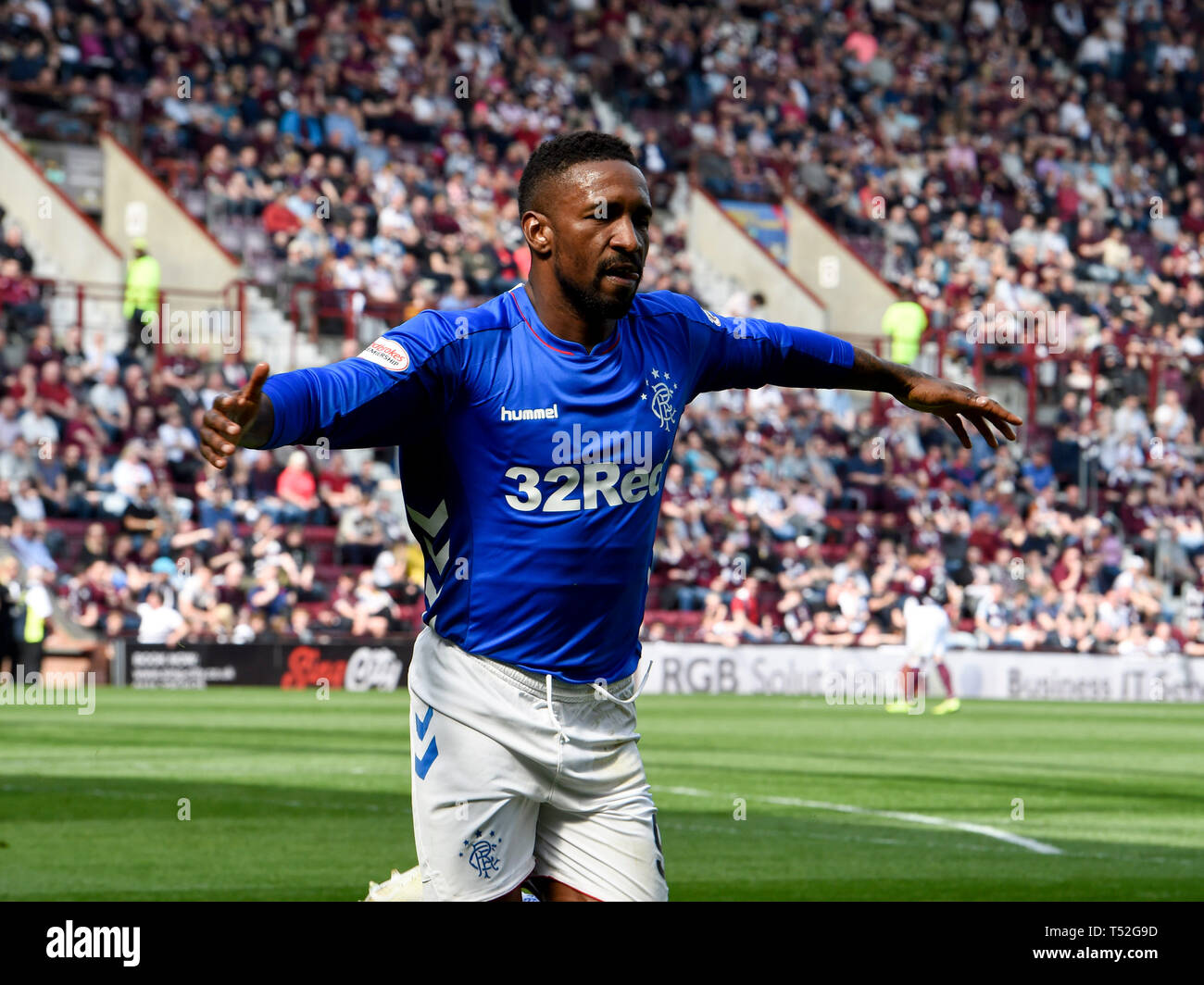 Rangers Jermain Defoe celebrates after scoring the first goal during the Ladbrokes Scottish Premiership match at Tynecastle Stadium, Edinburgh. Stock Photo