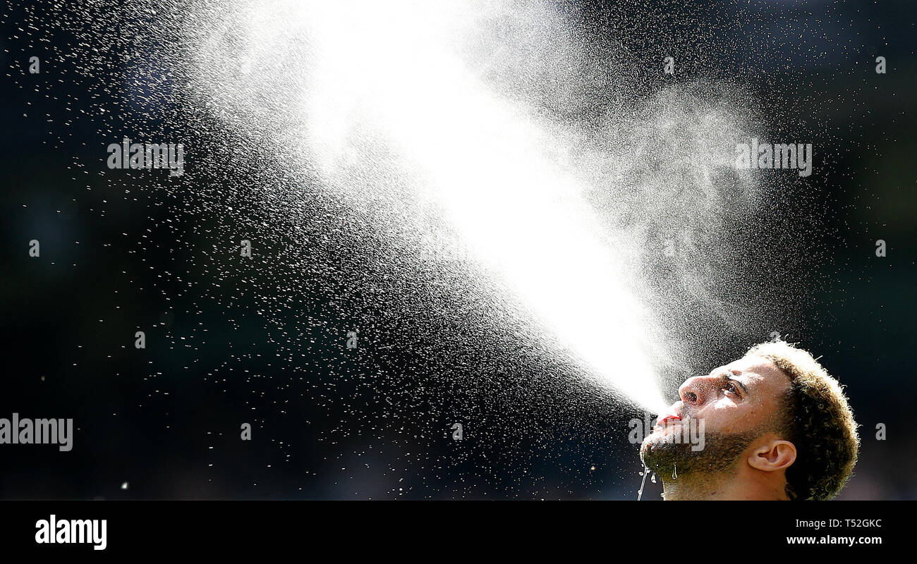 Manchester City S Kyle Walker Sprays Water From His Mouth Before The Premier League Match At The Etihad Stadium Manchester Stock Photo Alamy